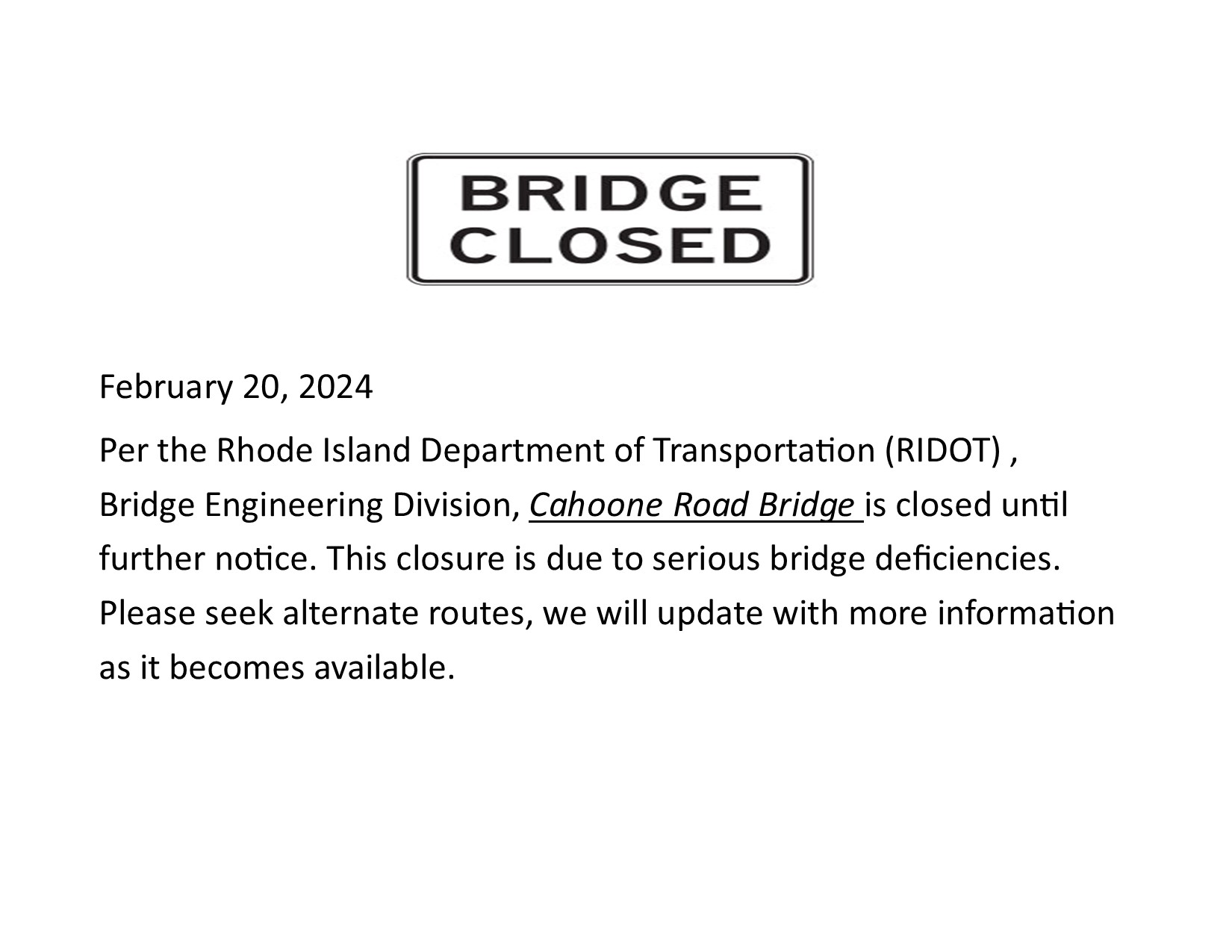 Cahoone Road Bridge Closed Until Further Notice Coventry